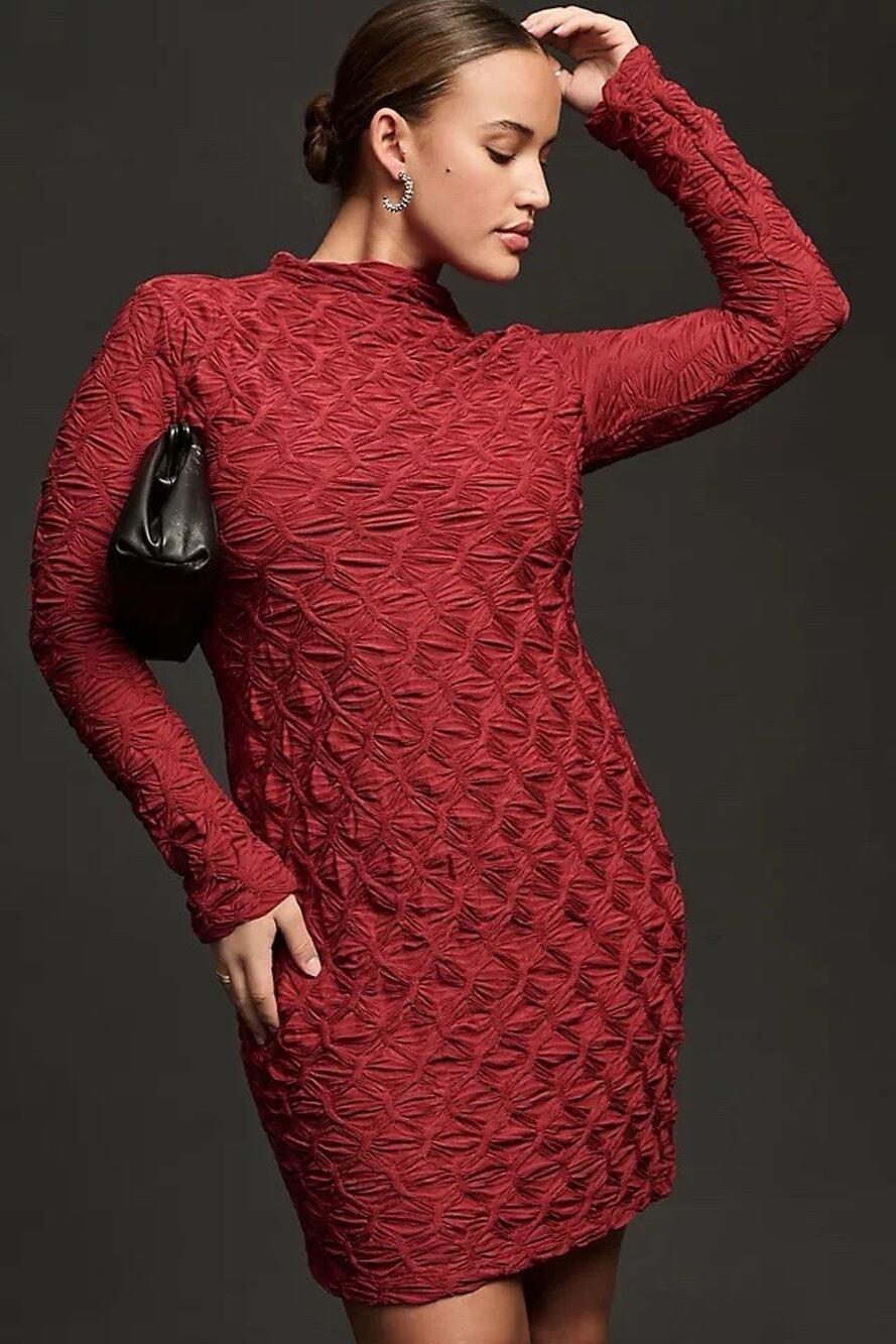 Anthropologie Maeve Long-Sleeve Scrunch Textured Mini Dress XL Red Maroon wine